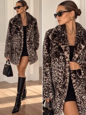 Calvin Klein Faux Fur Leopard Coat Women's M Mob Wife Gray BlackOmbre Jacket